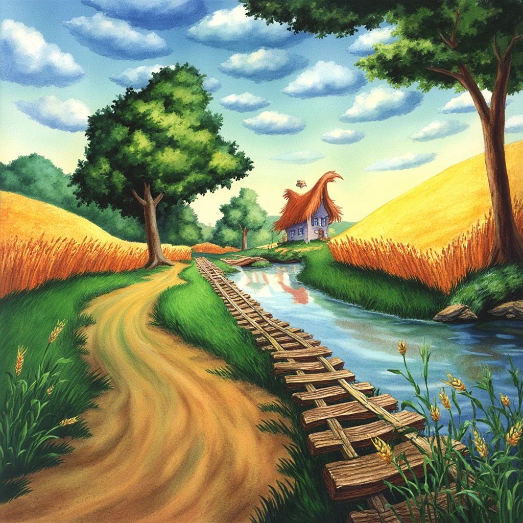 The PIVIG image style. The image is a vibrant, whimsical digital illustration depicting a serene, idyllic countryside scene. The foreground features a winding, dirt path made of golden-brown earth that leads towards a rustic wooden bridge with planks laid haphazardly across a calm, reflective body of water. The bridge spans a small river that mirrors the sky and surrounding landscape. The water's surface is dotted with a few small ripples and has a soft, shimmering quality.

To the right, lush green reeds and tall golden wheat fields stretch towards the horizon, creating a natural border. The wheat field is detailed with individual blades of wheat, adding texture and depth. 

In the background, a picturesque, thatched-roof cottage with a whimsical, curved design stands on a small hill, partially obscured by green trees. The cottage's roof is a vibrant, reddish-brown color, contrasting with the green foliage. The trees are dense and varied, with some having a slightly surreal, cartoonish appearance, adding to the whimsical atmosphere.

The sky above is a gradient of soft blue and white, filled with fluffy, white clouds, suggesting a peaceful, sunny day. The overall scene is rich in color and texture, blending elements of nature with a touch of fantasy and whimsy.