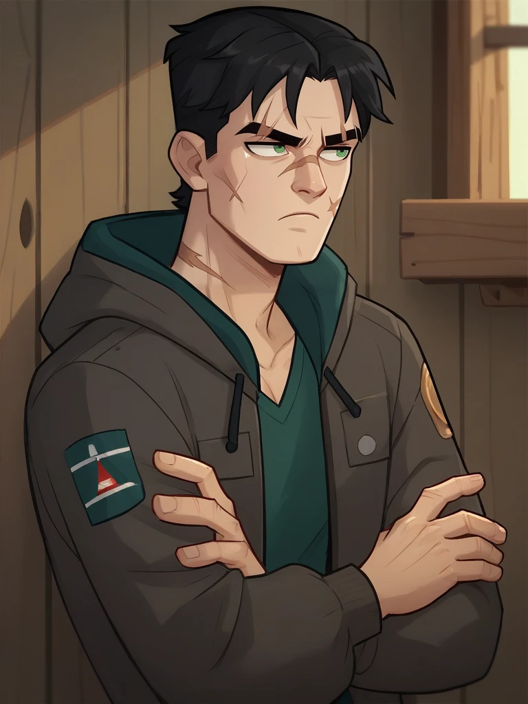 portrait of tom_DVC man, black hair, green eyes, jacket, scar, scar on face, annoyed, cabin background <lora:Tom_Disventure_Camp:.7>, score_9, score_8_up, score_7_up, <lora:Smooth Anime 2 Style SDXL_LoRA_Pony Diffusion V6 XL:.3>   <lora:add-detail-xl:.8>  zPDXL3,