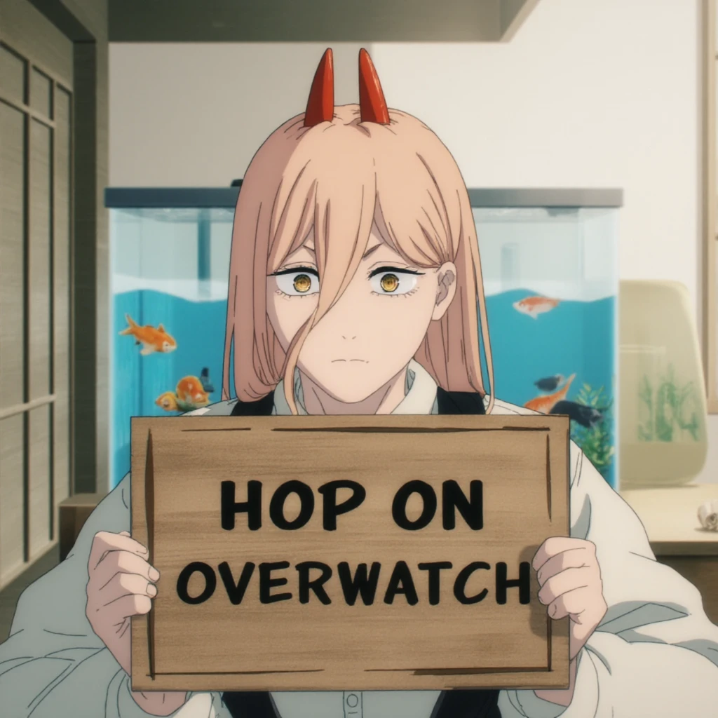 <lora:fpower_csm:1>,  <lora:csm_artstyle:1.3>, csm-artstyle, a anime art-style drawing of a girl with blond hair and two red horns holding a wooden sign that has the text "Hop On Overwatch", in the background there is a fish tank