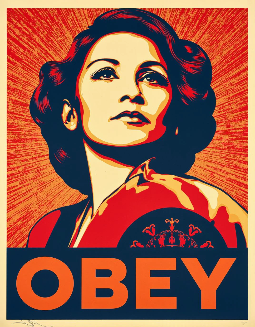 <lora:ShepardFairey-000021:1>, ck-fairey, This image is a vibrant, politically charged poster for woman empowerment, The text "OBEY " is placed neatly at the bottom center.