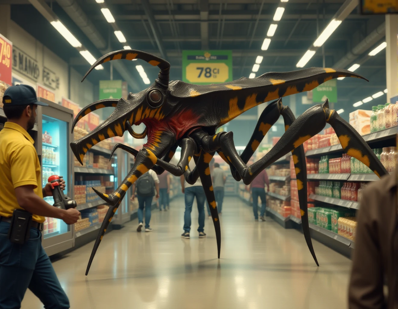 Starshiptroopers bug is a giant insect in a grocery store. A security guard is trying to chase it with a 
a fly swatter <lora:Starshiptroopers:0.9>