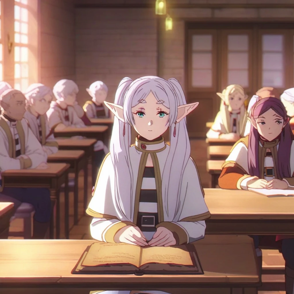 frieren, 1girl, long hair, white hair, looking at viewer, long sleeves,   pointy ears,   elf, sitting,  classroom, indoors, depth of field masterpiece, best quality, very aesthetic, ray tracing, newest, crowd of people in background