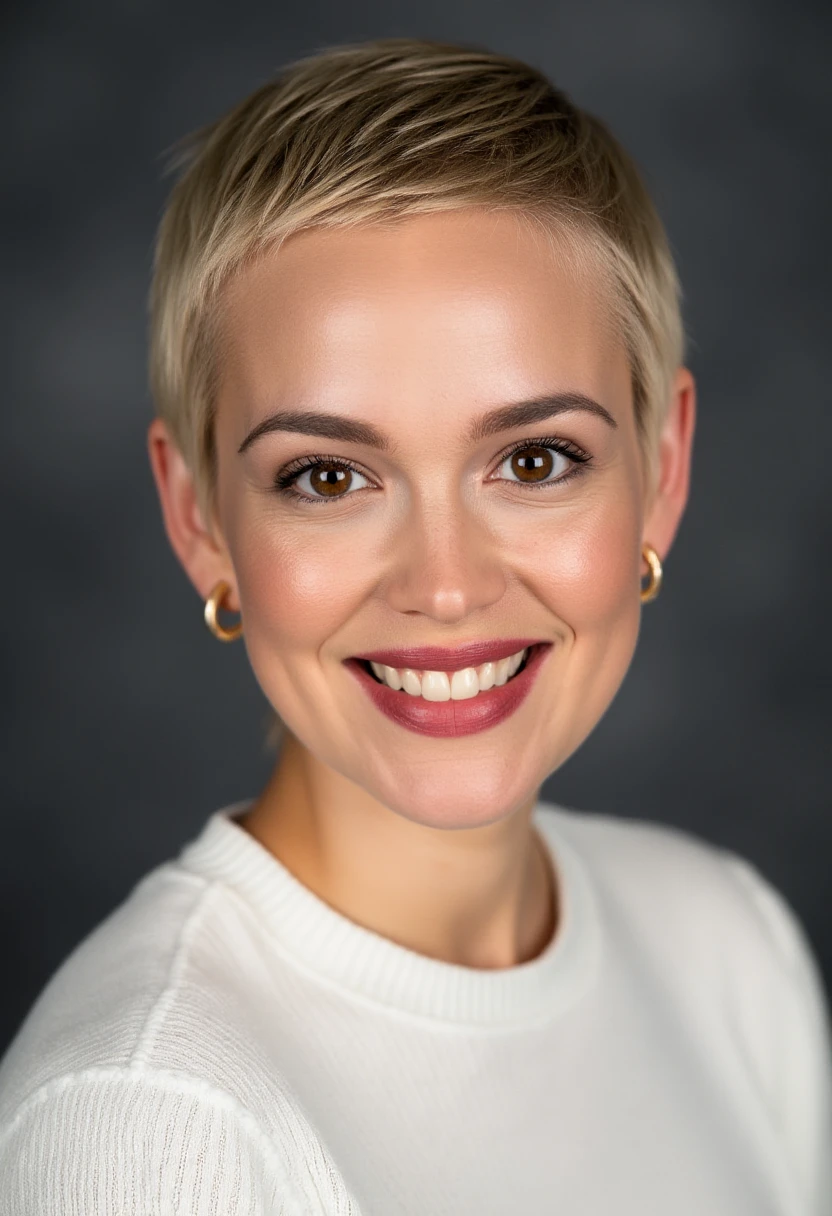 A professional portrait photo of emiliaschuele, a woman. She has blonde pixie cut hair.  She is smiling, showing her teeth. She is wearing subtle red lipstick and golden earrings. She is wearing a white knit sweater. The background is blurry and shows a dark gray photo studio canvas.