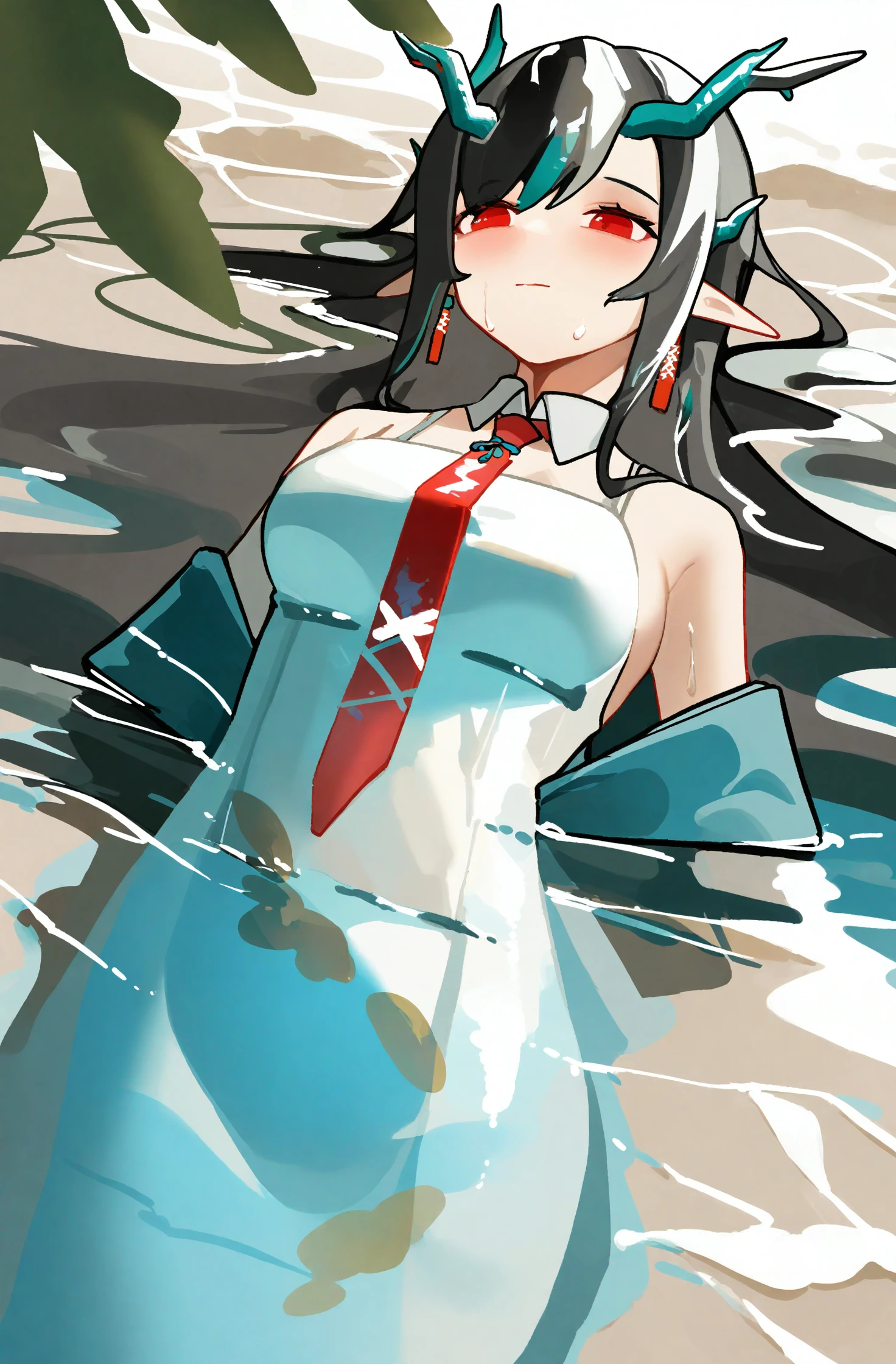 1girl,large breasts, amagiswimsuit, fox girl,wariza,(v arms), hand between legs, water,light smile, water,palm leaf, closed mouth,