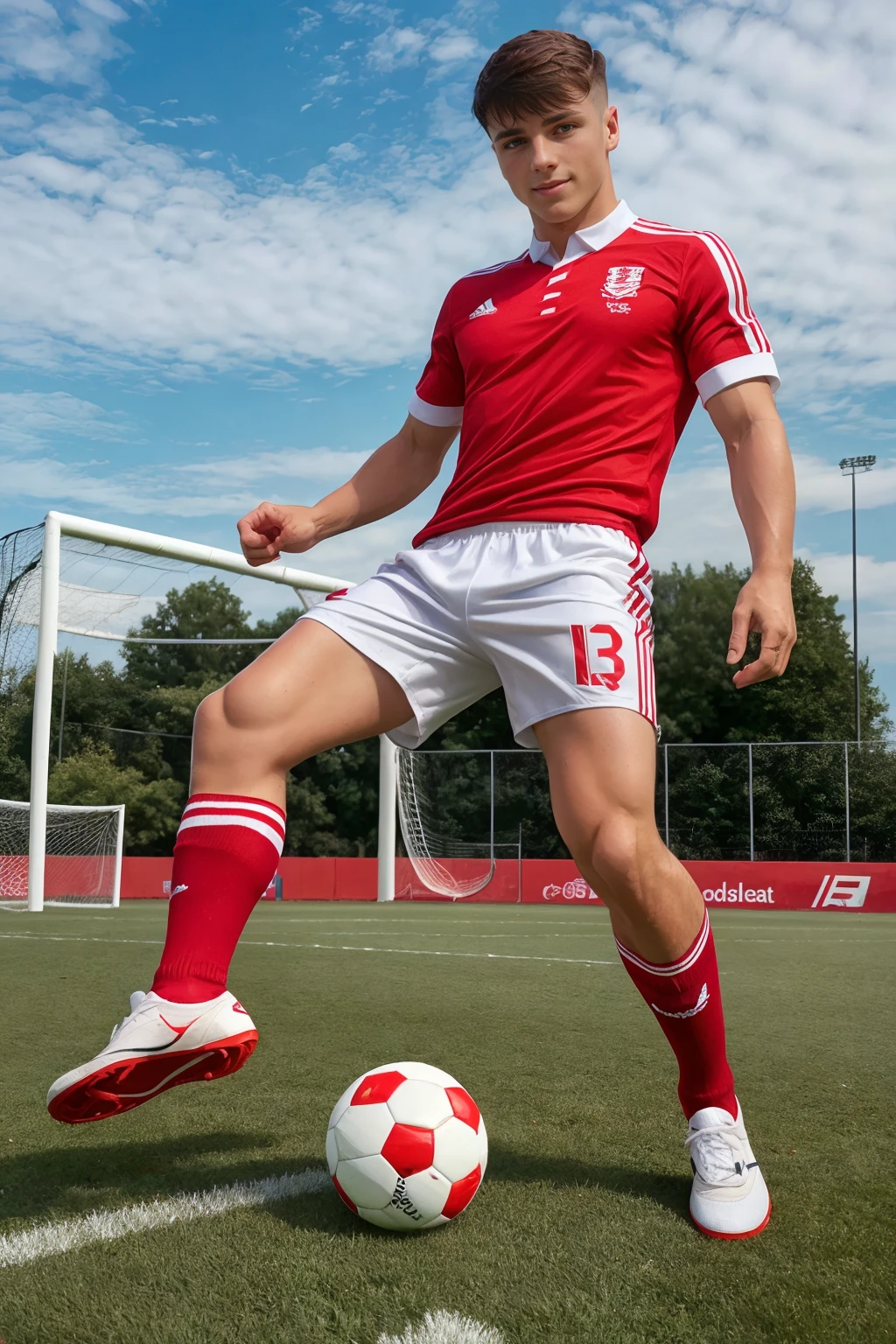 on a soccer field, JuicyJC, slight smile, wearing uniform of English national soccer team, (red soccer jersey), soccer shorts, (red socks), ((white sneakers)), (soccer ball), (((full body portrait))), wide angle <lora:JuicyJC:0.8>