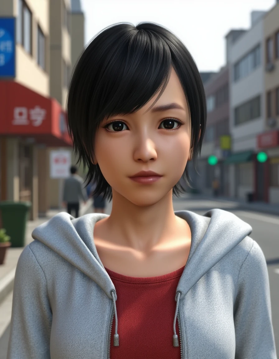 <lora:Haruka_Sawamura:0.8> Video game screenshot. Upper-body photo of hrkswmr. She has short hair and is wearing a grey hoodie with red t-shirt underneath. She has a serious expression. The background implies a Japanese city street at daytime.