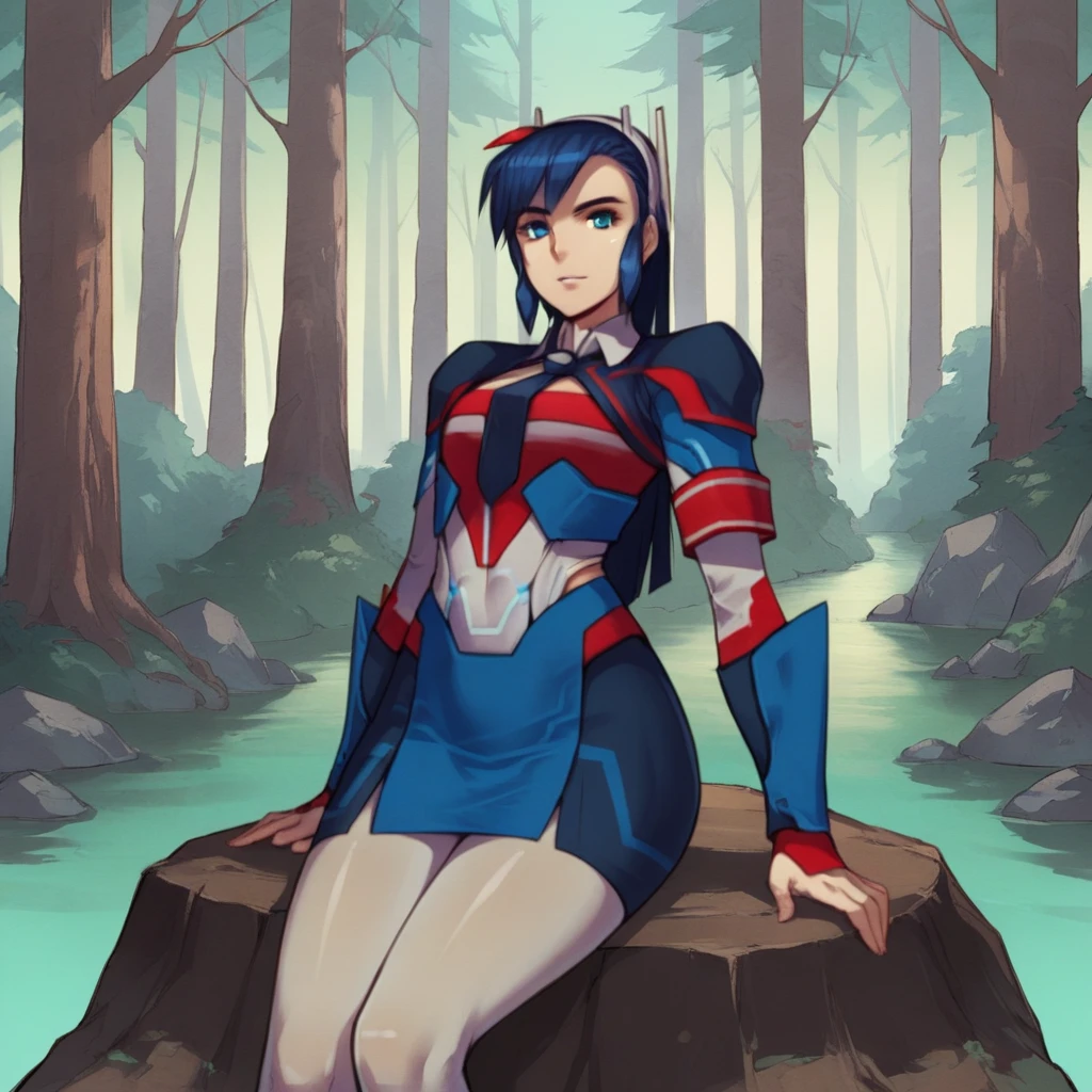 score_9_up, score_8_up, BREAK, UltraMagnus, 1girl, solo, blue hair, long hair, blue eyes, shirt, necktie, skirt, bracer, pantyhose, sitting on rock, forest , <lora:UltraMagnus_cnmbwjx_PXL_Leaf1:1>, looking at viewer,