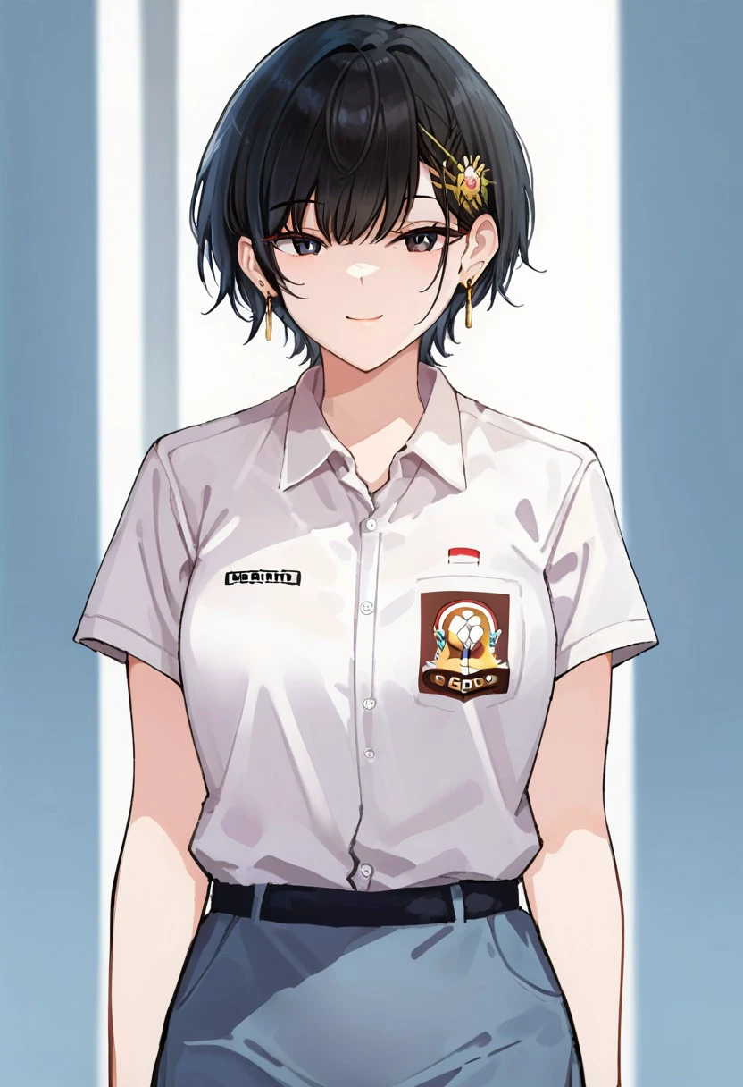 score_9, score_8, score_7, source_anime, indonesian school uniform, standing, shirt tucked in, jewelry, smile, cowboy shot, black hair, short hair, closed mouth, hair ornament, earrings