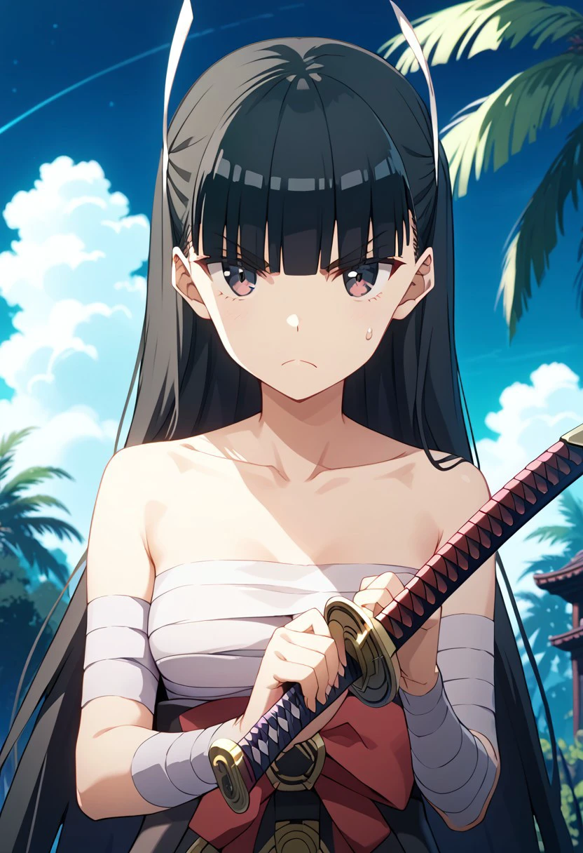 score_9,score_8_up,score_7_up,source_anime, Kasumi,1girl,solo,looking at viewer,holding,bow,closed mouth,bare shoulders,collarbone,upper body,weapon,outdoors,sky,cloud,sword,blunt bangs,holding weapon,sweatdrop,tree,v-shaped eyebrows,night,frown,holding sword,bandages,katana,clenched hand,night sky,sarashi,palm tree,chest sarashi,