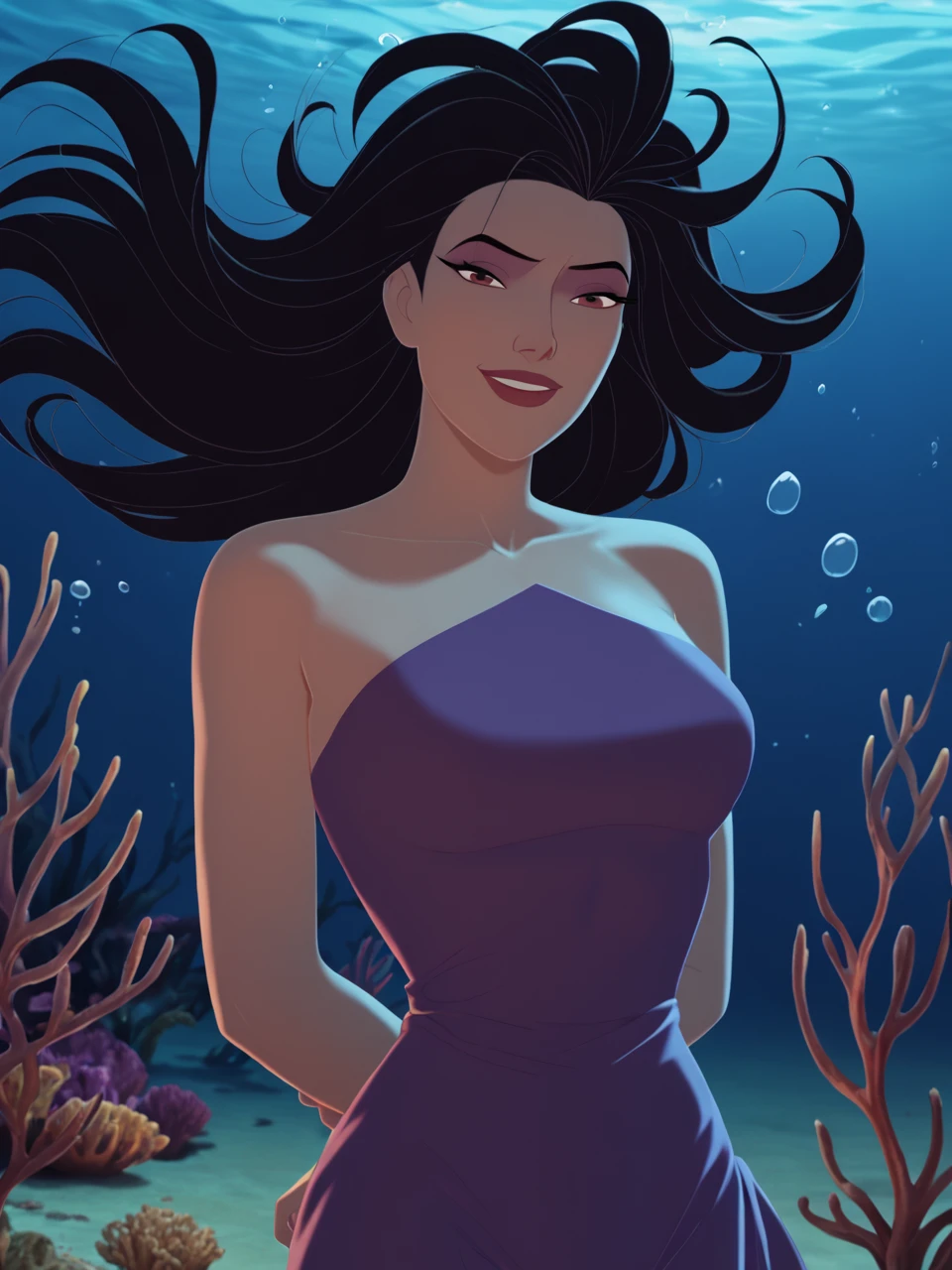 score_9, score_8_up, score_7_up,  score_6_up, BREAK, SimbEris, 1girl, solo, long hair, smile, black hair, floating hair, lips, makeup, bare shoulders, purple dress, night, naughty smile, hands behind back, underwater, looking at viewer <lora:Eris:0.8>