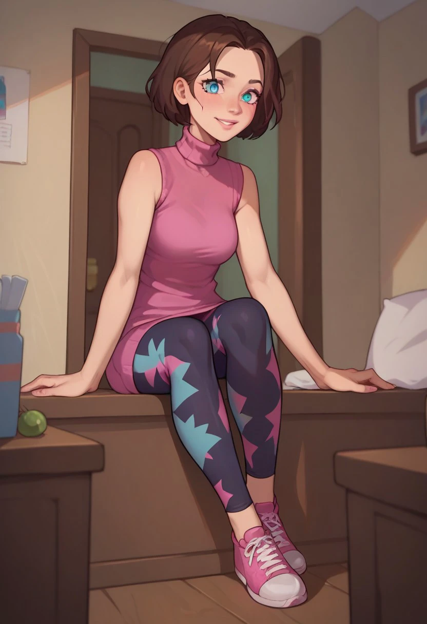 score_9, score_8_up, score_7_up detailed face, detailed eyes, 1girl, solo, lyub0v, short hair, brown hair, aqua eyes, pink sleeveless turtleneck, leggings, shoes, room,