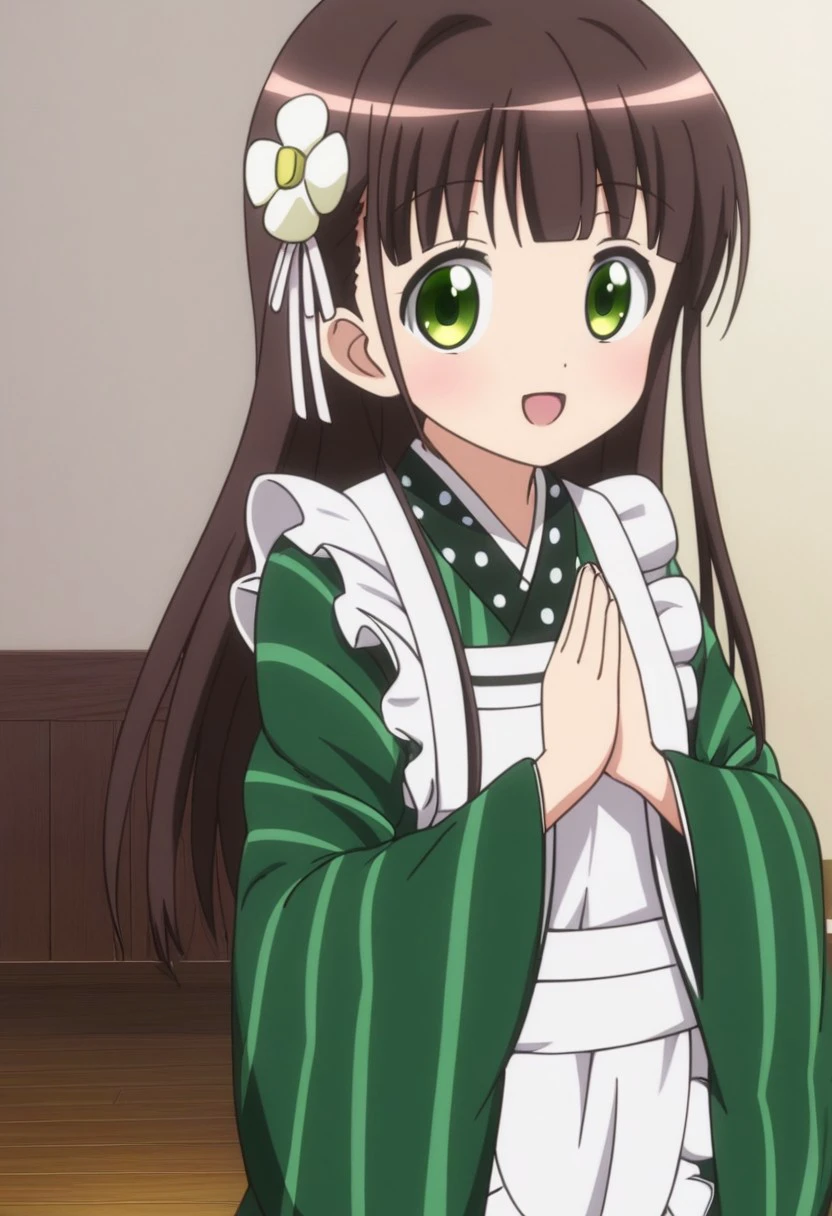 1girl, solo female, ujimatsu chiya, brown hair, blunt bangs, sidelocks, hair flower, white flower, hair ribbon, white ribbon, green eyes, ama usa an uniform, vertical striped kimono, japanese clothes, green kimono, frilled apron, white apron, maid apron, long sleeves, polka dot, cute face, happy, brown footwear, standing, indoors, own hands together,