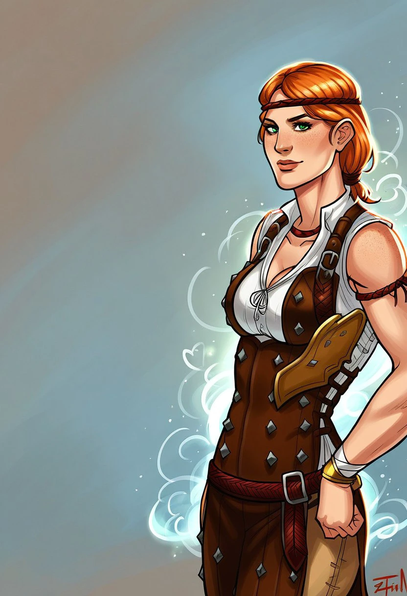 Aveline Vallen,1girl,solo,orange hair,freckles,green eyes,large breast,headband,boots,pants,bracelet,cleavage,belt,lips,shirt,armor,necklace,sleeveless,choker,armlet,anklet,vest,biceps,seductive pose,sexual pose,spread legs,
score_9, score_8_up, score_7_up, beautiful aesthetic, very intricate, high quality details,vibrant, highly detailed, award-winning, professional,anime artwork, anime style, studio anime, athletic, toned female,muscular milf,curvy body, athletic girl,fit girl,  round breasts, ,looking at viewer, pinup pose,teasing, dynamic lighting, cinematic, smug, better than you, aura of temptation, highly detailed, high resolution, masterpiece, detailed clother, detailed background, highly detailed, ((sound effects)) comic layout,