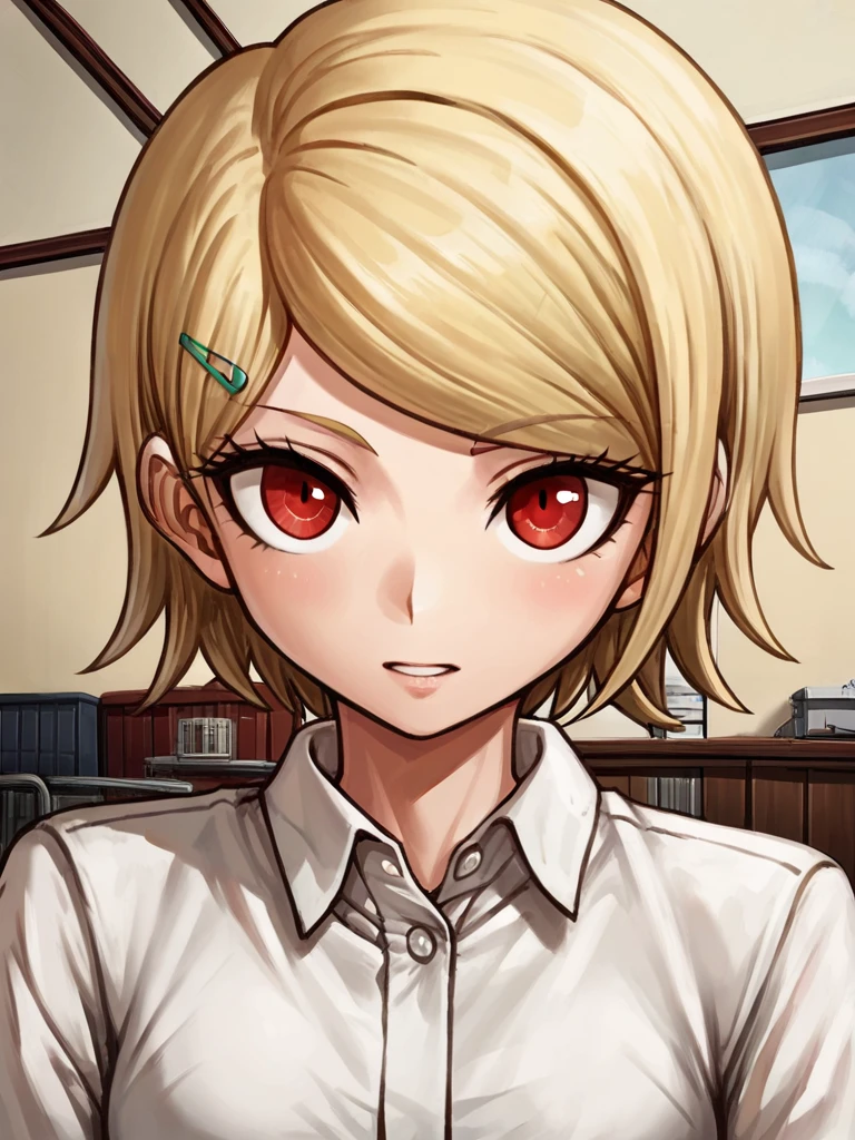 score_9, score_8_up, score_7_up, 
1girl, face, red eyes, blonde hair, short hair, straight hair, swept bangs, hairclip, looking at viewer, indoors, white shirt,