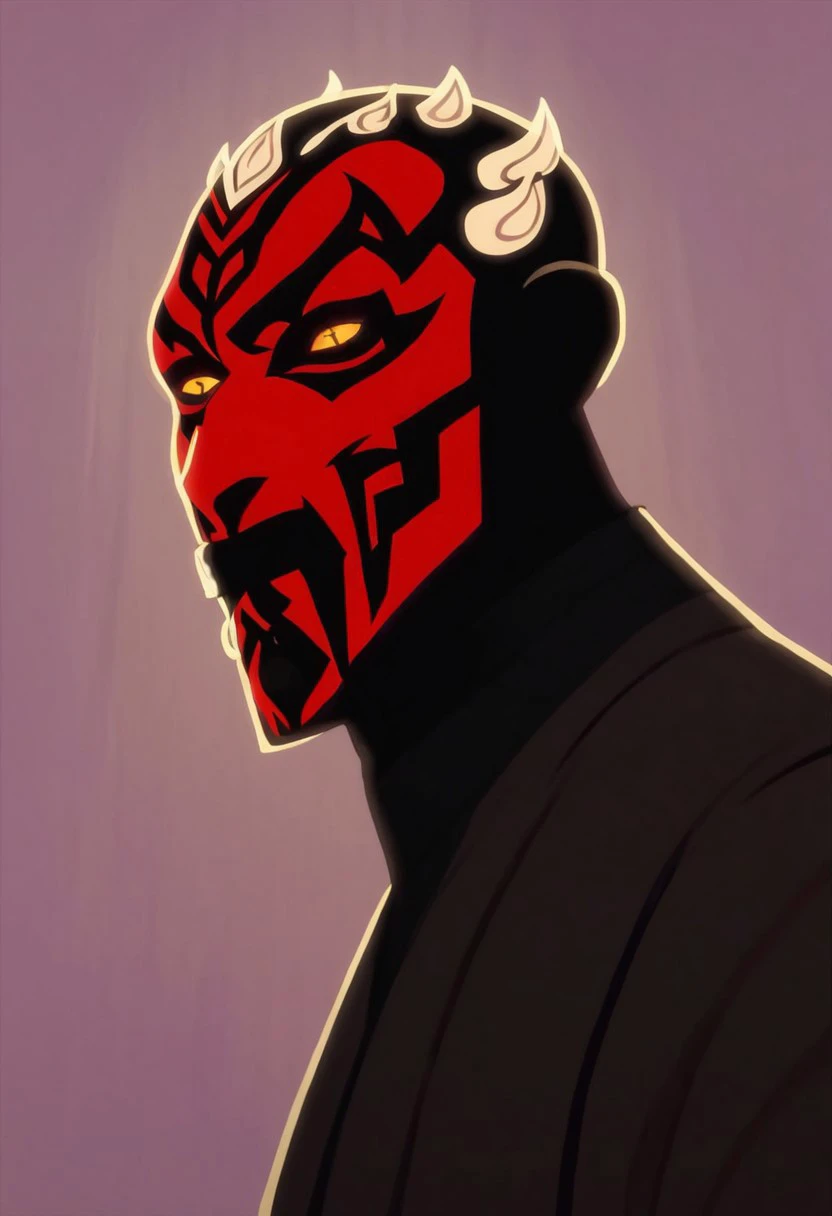 score_9, score_8_up, score_7_up, 1boy, darth maul, close up, face tattoos, red tattoos, double bladed lightsaber, dark tunic, tunic, colored sclera