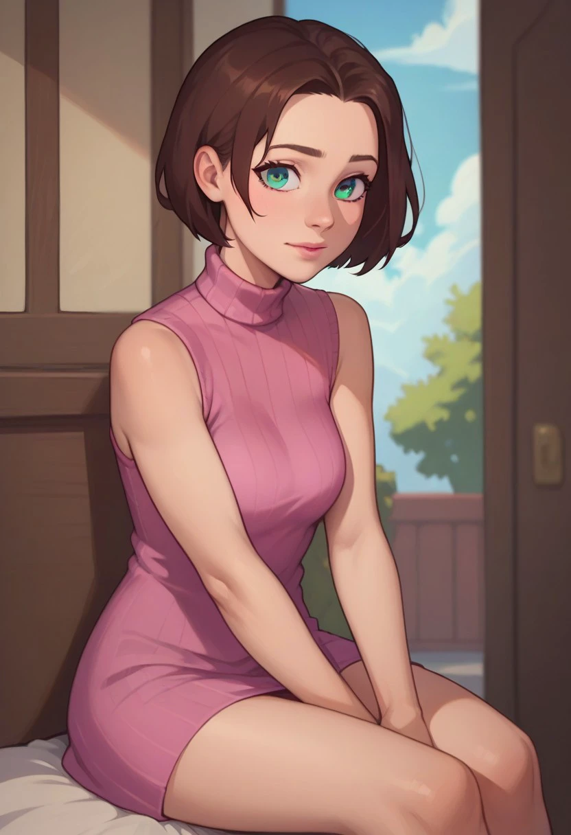 score_9, score_8_up, score_7_up detailed face, detailed eyes, 1girl, solo, lyub0v, short hair, brown hair, aqua eyes, pink sleeveless turtleneck, sitting,