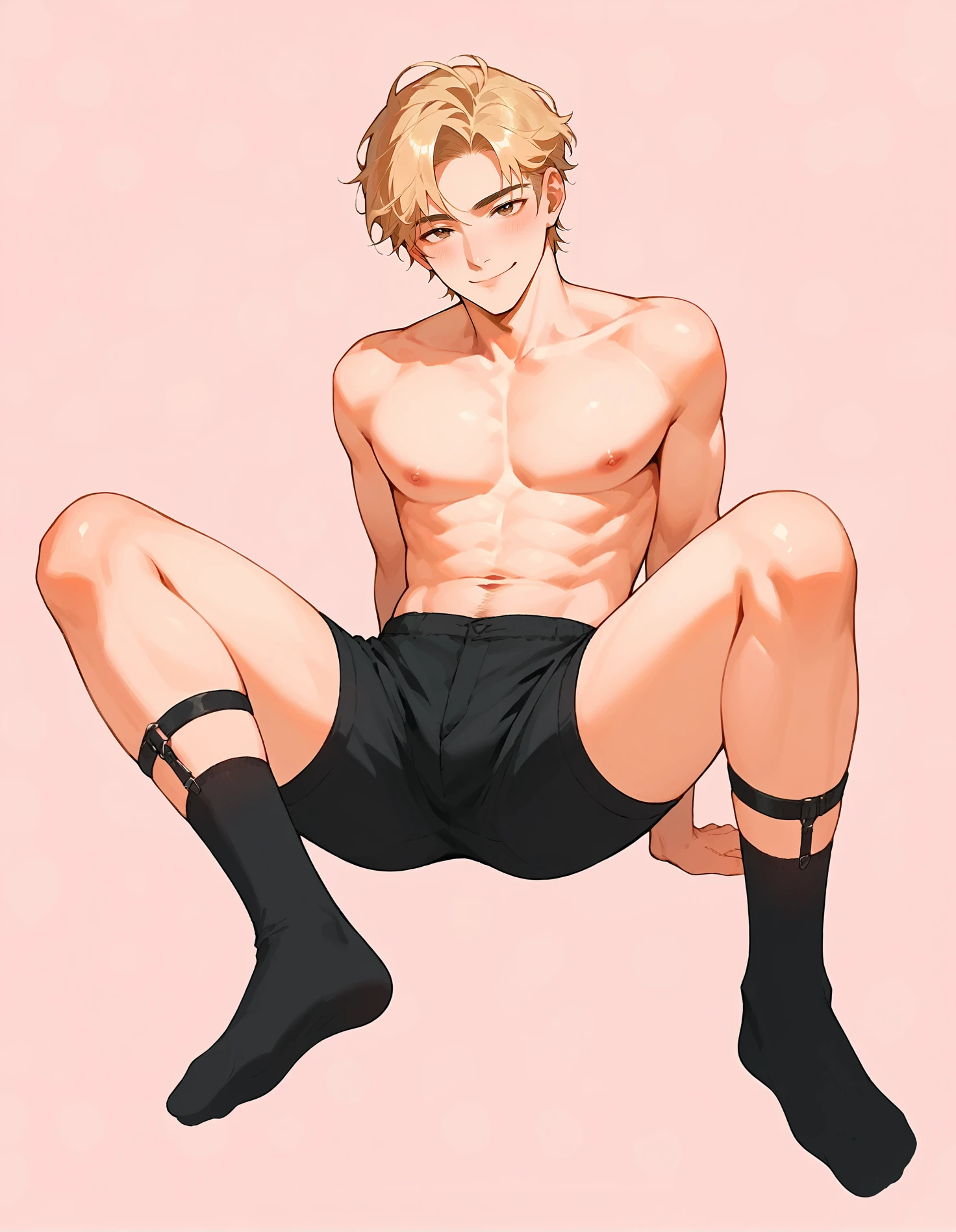 1boy, solo, black eyeliner, male medium length mullet hairstyle, medium sharp hair texture, blonde hair, handsome, blue eyes, black choker, white long bandage gloves, kneeling, long transparent tights, bed, room, red lipstick, femboy, blush, thin waist, anime style, bare penis, jerks off his dick, hand on dick, closed eyes, open mouth, holding a penis, looks at the phone, phone in the other hand