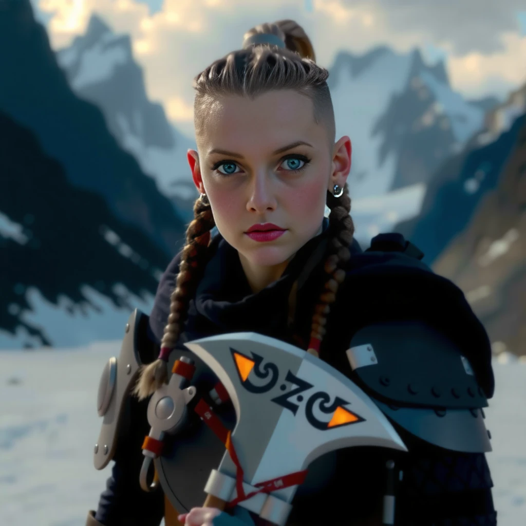 A captivating image emerges, focusing on a viking_punk warrior-princess with her presence commanding attention in the icy wasteland. Her futuristic viking armor based on traditional viking armor, a seamless fusion of technology and her athletic form, slim-athletic form highlights her strength and agility. The warrior's twin braids with shaved sides, frames her determined expression, while her piercing eyes bore into the viewer. Ancient runes are etched into her battleaxe and armor, crackling with mystical glowing energy. The frozen landscape, a testament to her people's resilience, stretches into the distance, where dark, ominous clouds partially veil the rugged mountainous pass, filling the air with crispness and the promise of lightning. This artwork, with its Nordic and Viking-inspired elements, captures the essence of a powerful futuristic figure, seamlessly blending ancient traditions with futuristic innovations. <lora:flux/The beauty of realism (FLUX)>, Beauty, chiaroscuro, play of shadow and light, realistic. <lora:flux_trainer/vikingPunk_v2_rank64_bf16-step01500:0.8>, <lora:postApocalypse_v1:0.6>, <lora:flux/Sinfully_Stylish_.02_for_FLUX-000002>, <lora:flux/aidmaImageUpgrader-FLUX-V0.1>, detailmaximizer, <lora:flux/perfection style v1>, perfection style, <lora:Magic of Art 2 (FLUX)>, Cinematic style, Beauty, Realism, Photorealism, Chiaroscuro, High quality,