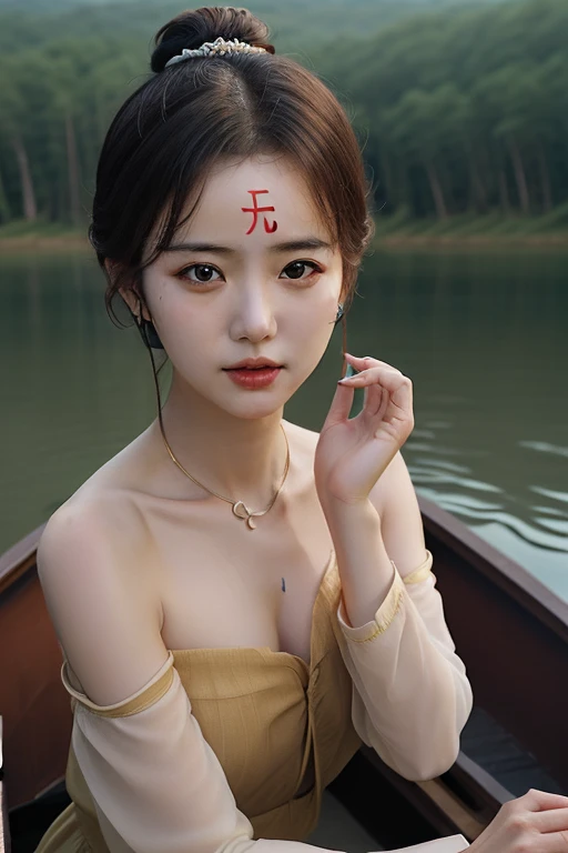 ((无)), ((无)), ((无)), forehead, close-up, face focus, upper body, 1girl, a woman, updo, collarbone, forest, sitting on wooden boat, sky, lake, <lora:无:1>