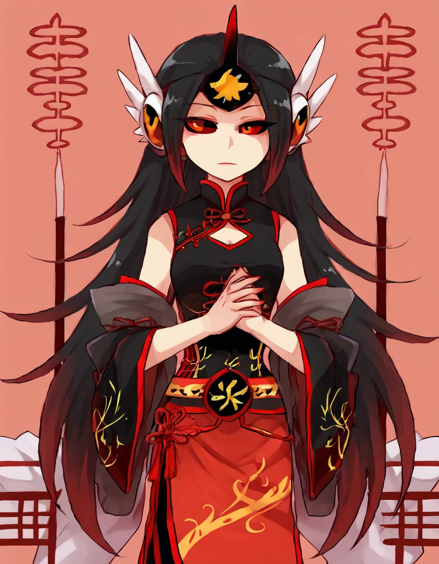 <lora:Lor EX (Beco) v3:1> becl0rex, 1girl, solo, red eyes, colored sclera, black sclera, red eyeshadow, long hair, black hair, chinese clothes