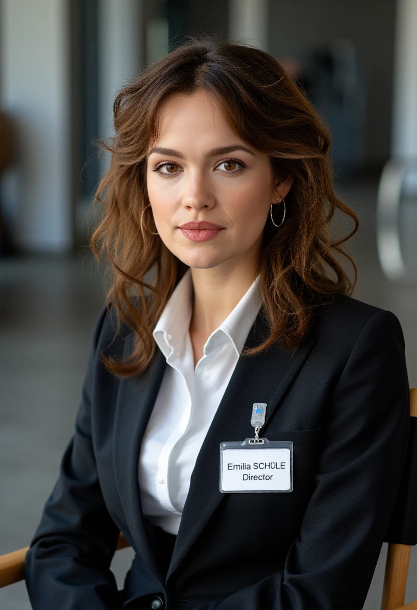 A portrait photo of emiliaschuele, a woman. She has messy long hair. She has a serious expression on her face. She is wearing a white shirt and professional business suit. A white ID name badge with black text \"Emilia SCH\u00dcLE, Director\" is clipped to the suit jacket. She is sitting in a director's chair in a modern TV movie studio. 