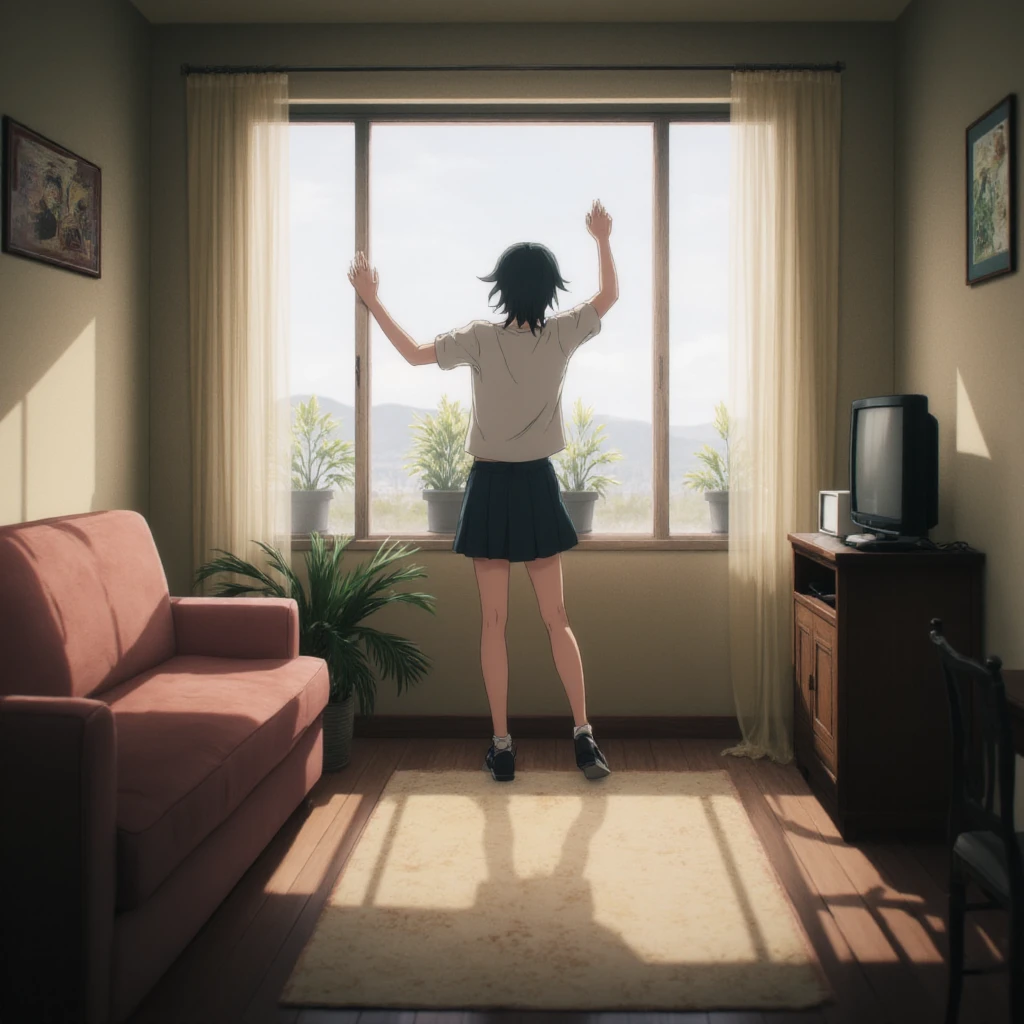 <lora:csm_artstyle:1.5>, csm-artstyle, a anime art-style drawing of a girl with school clothing dancing by her self in her house. There is a window in the background letting in day-light