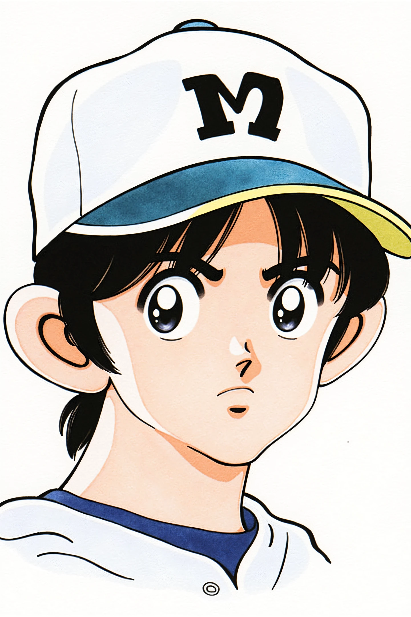 1boy,male focus,solo,hat,baseball cap,black eyes,traditional media,sweat,black hair,sportswear,upper body,baseball uniform,looking at viewer,a big text "m" on the baseball cap,
<lora:Adachi_FLUX:1>,