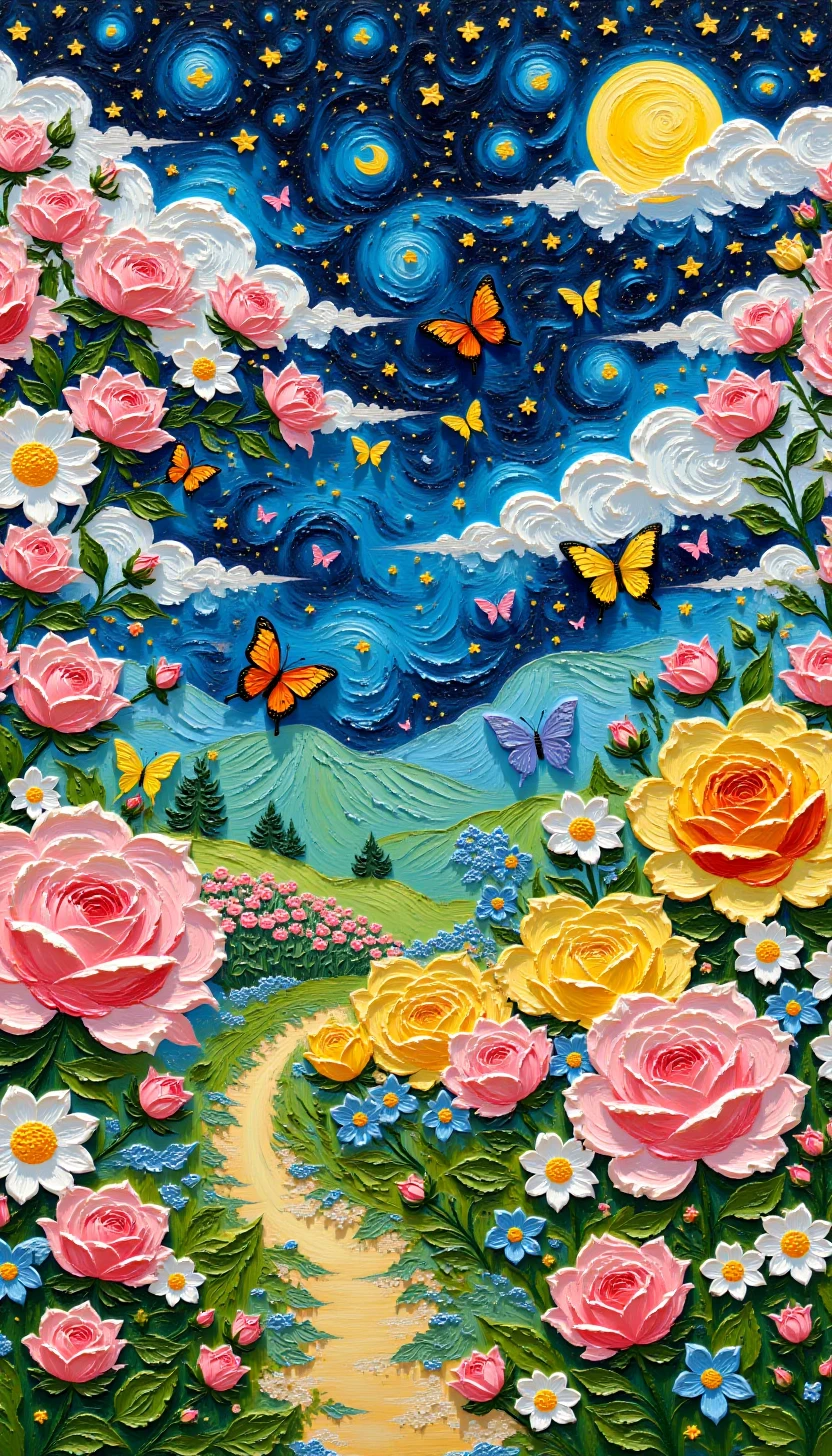 pinkoilpainting,Spring landscape, flowers, nature, butterflies, night sky, starry sky, moon, moon light, vivid colors, masterpiece, hyperdetailed