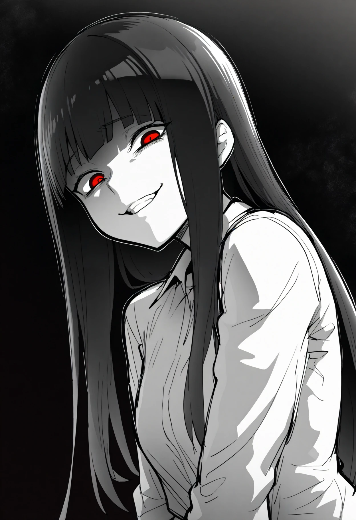 best quality, amazing quality, very aesthetic, absurdres,
monochrome, greyscale, ebiblue, gesugao, 1girl, black hair, long hair, red eyes, (glowing eyes:0.5), smile, looking at viewer, solo, sketch, black background  <lora:EbiblueIllustriousXL_byKonan:1>