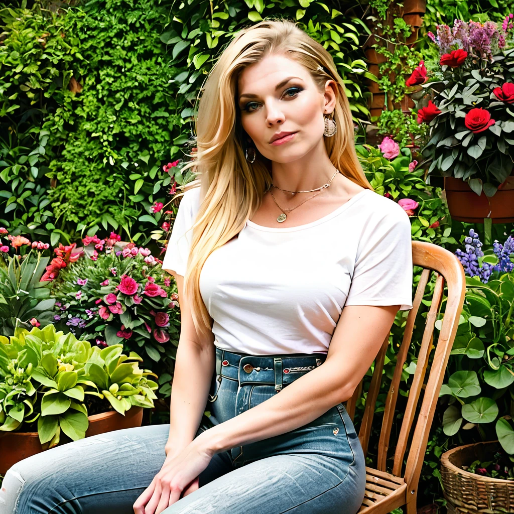 female, (long blonde hair:1.1), necklace, (shirt and high-waist jeans:1.2), sitting in a confy chair, garden, natural skin, <lora:Olga_Skaveeva_PonyXL:0.8>, (olskab:1.1), high quality,, score_9, score_8_up, score_7_up, hyperdetailed, hyperrealistic,