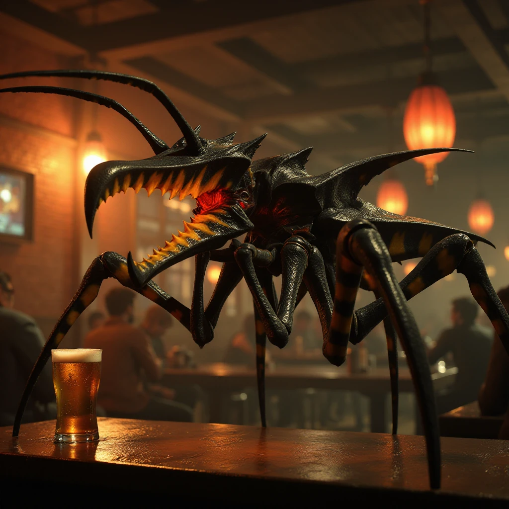 Starshiptroopers bug is a giant insect in a a pub having a beer <lora:Starshiptroopers:0.9>