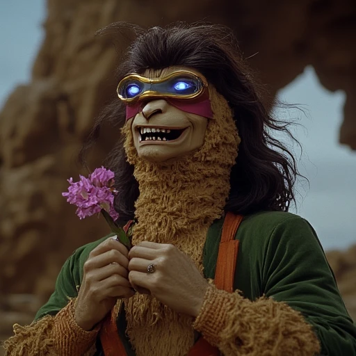 exaggerated grimace. The suit is covered in sand, flowing dark hair, likely from a comic book or movie scene, specifically a llama or a llama-like character, delicate flower in its hands, bathed in the warm, elongated visor with glowing blue eyes, humanoid lion-like character from a fantasy setting. The character, complete with a green velvet jacket