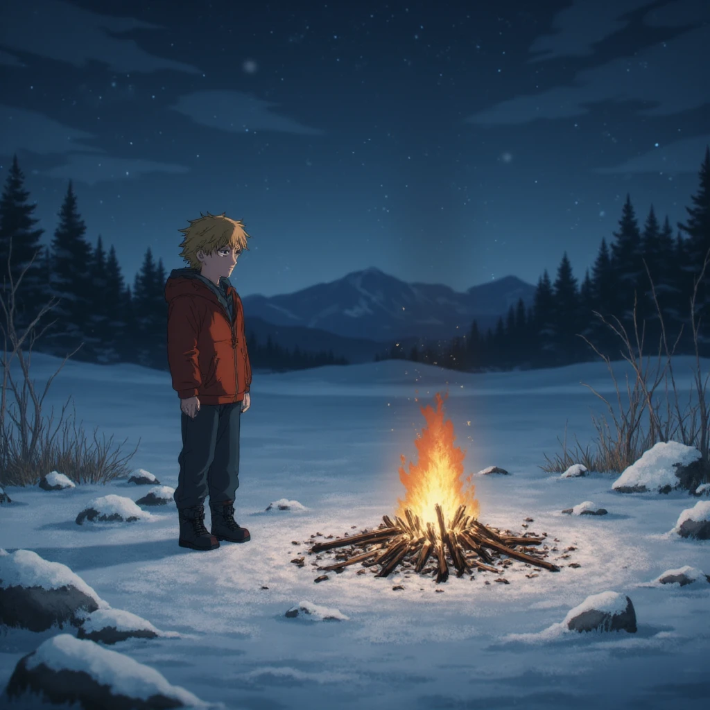 <lora:csm_artstyle:1.6>, csm-artstyle, a anime art-style drawing of a young boy with blond hair standing next to a campfire, there is a snow storm engolfing the surrounding area