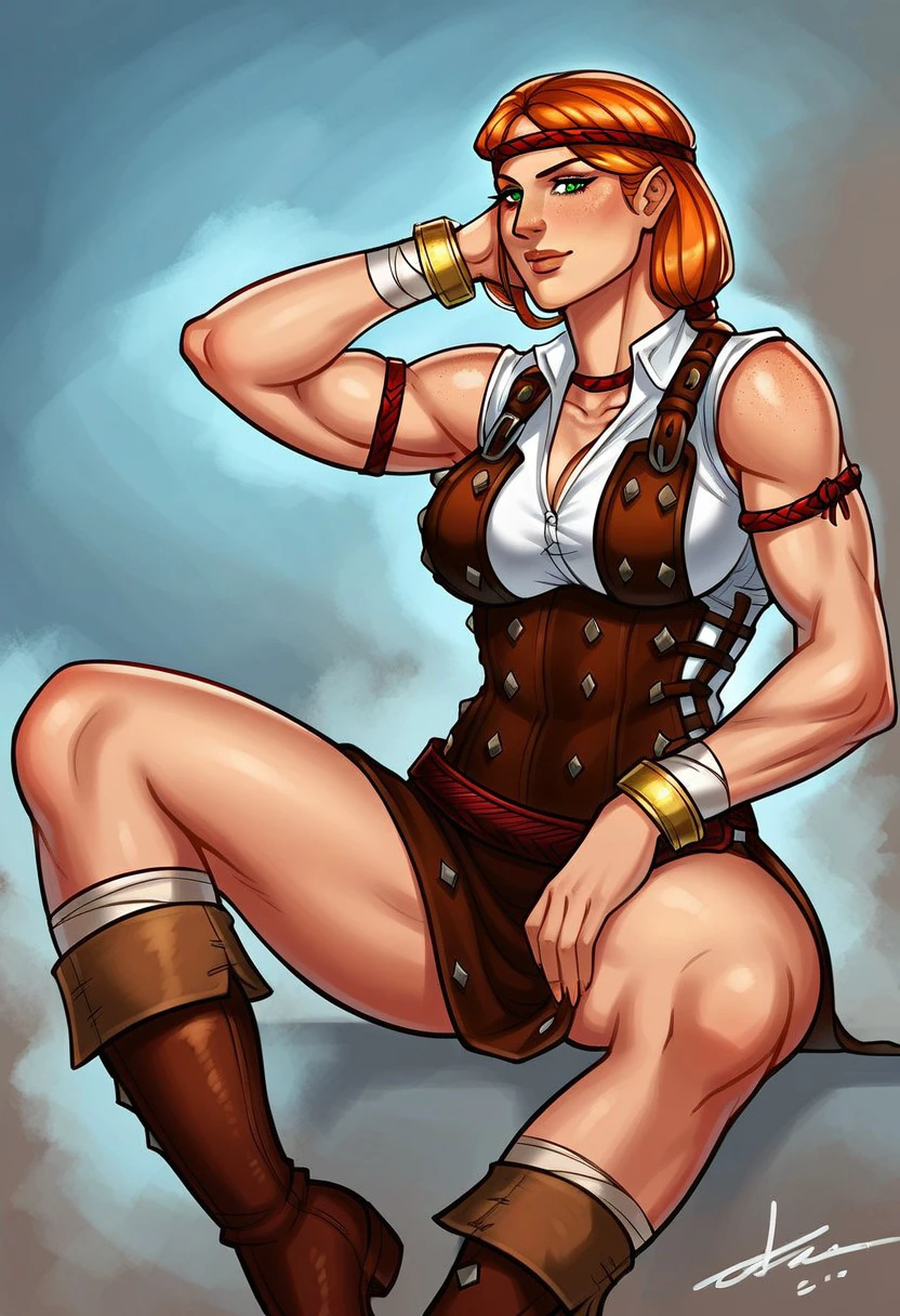 Aveline Vallen,1girl,solo,orange hair,freckles,green eyes,large breast,headband,boots,pants,bracelet,cleavage,belt,lips,shirt,armor,necklace,sleeveless,choker,armlet,anklet,vest,biceps,seductive pose,sexual pose,spread legs,
score_9, score_8_up, score_7_up, beautiful aesthetic, very intricate, high quality details,vibrant, highly detailed, award-winning, professional,anime artwork, anime style, studio anime, athletic, toned female,muscular milf,curvy body, athletic girl,fit girl,  round breasts, ,looking at viewer, pinup pose,teasing, dynamic lighting, cinematic, smug, better than you, aura of temptation, highly detailed, high resolution, masterpiece, detailed clother, detailed background, highly detailed, ((sound effects)) comic layout,