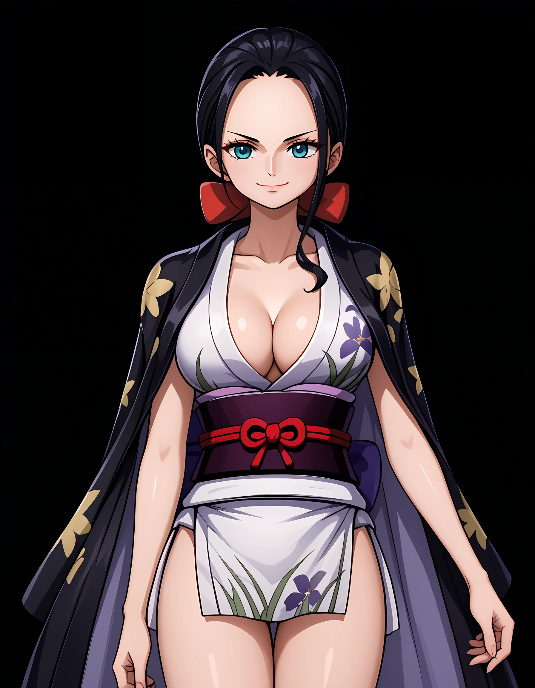 <lora:Nico_Robin:1>, n1corobin, 1girl, solo, simple black background
wano-outfit, ,japanese clothes, short kimono, cleavage,  obi, sash, sleeveless kimono, jacket on shoulders, thighs, closed mouth smile
looking at viewer,