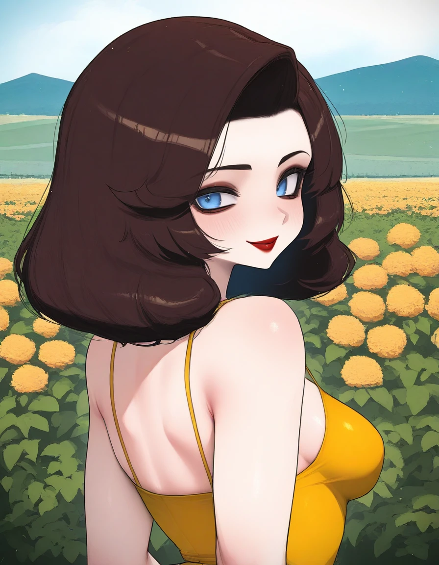 masterpiece, best quality, very aesthetic, absurdres,uncensored, gloss,kashu \(hizake\),
BREAK,
elizabeth bas, 1girl, brown hair, solo, red lips,  blue eyes, breasts, lips, makeup, lipstick, medium breasts, medium hair, from behind, yellow sundress, garden, day, sunshine, smile, looking back
<lora:elizabeth_bas_illust:0.8>
 <lora:kcc_illustrious_v1:0.8>