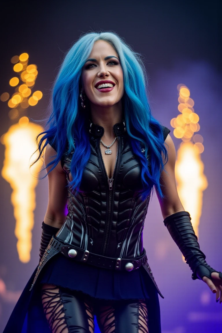 cinematic photo  <lora:AlissaWhiteGluzQuironFLUX-000001:1.3> AlissaWhiteGluzQuiron, AlissaWhiteGQuiron, a photograph of  a  woman  with blue hair a and green eyes,  narrow waist,  smiling  , perfect hands,  cosplaying wearing  lady Thor costume,  standing on a stage with a microphone singing, foggy effect on the floor, pro lighting, high-res, 4k, spotlight her face, fireworks and explosions at background,  . 35mm photograph, film, bokeh, professional, 4k, highly detailed