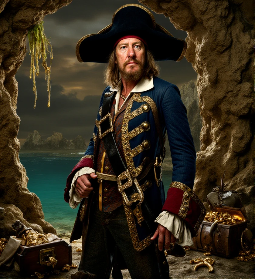 bokeh,  ((portrait photo)) , standing,   <lora:hector-barbossa-flux-b2rb0:1.3> b2rb0,  pirate, cave with a small lake, on the bags chests full of gold, treasures all around,