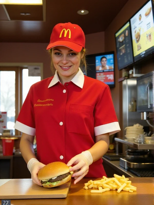 Laure Sainclair is working at mcdonalds and wears a mcdonalds uniform. she is serving burgers and fries<lora:Laure_Sainclair:0.9>