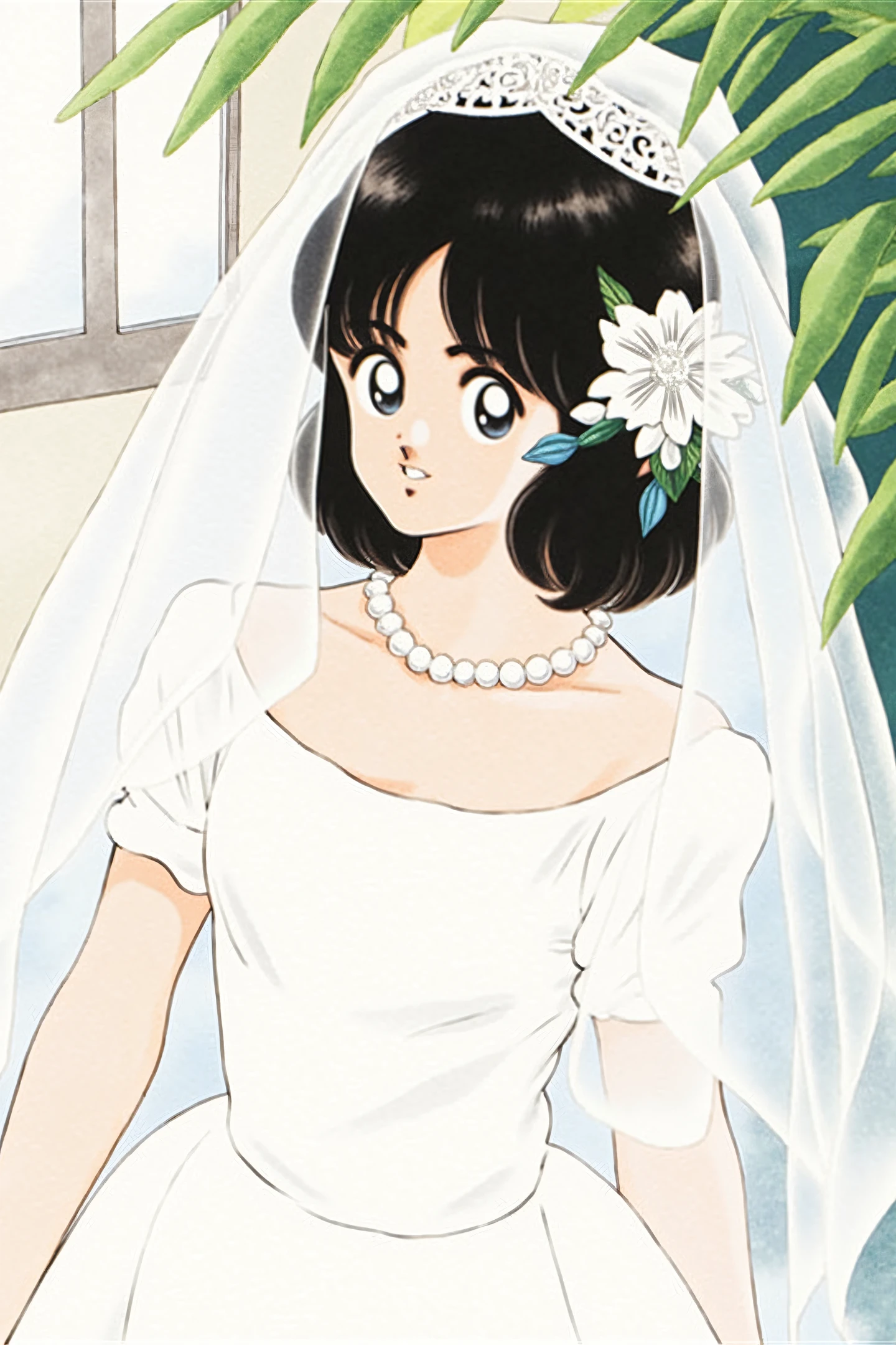 1girl,jewelry,solo,flower,necklace,black hair,dress,medium hair,veil,white flower,wedding dress,hair ornament,hair flower,window,black eyes,leaf,white dress,upper body,looking at viewer,bride,bridal veil,pearl necklace,
<lora:Adachi_FLUX:1>,