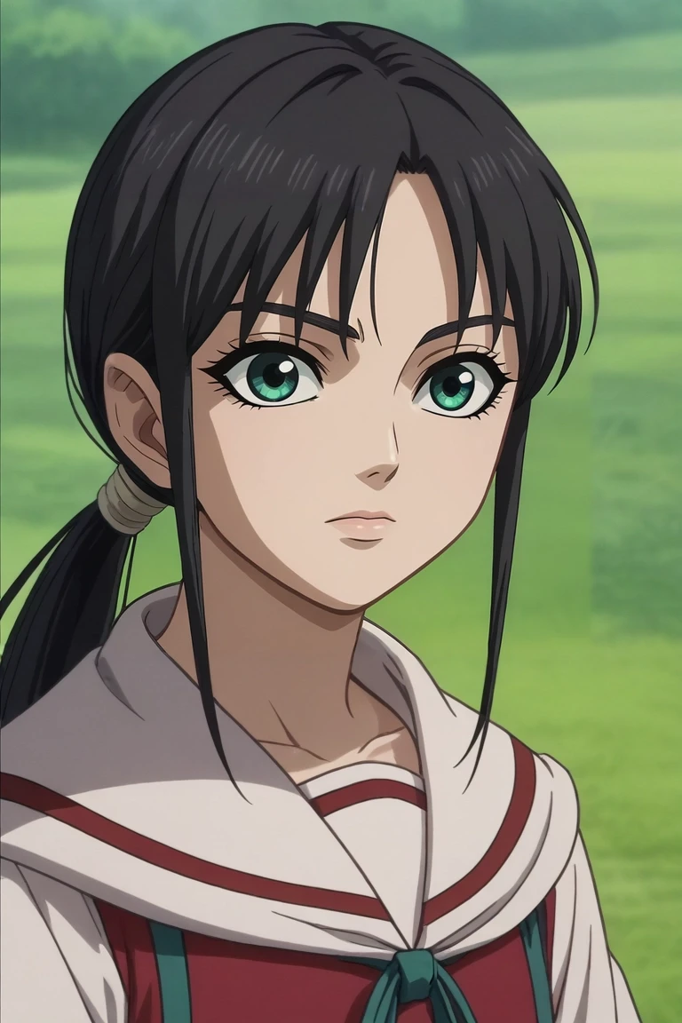 score_9, score_8_up, score_7_up, , rating_safe, , anime screencap, anime coloring, , , depth of field, 1girl, solo, <lora:qiang_lei_pony:0.78>, qiang_lei, black hair, green eyes, long hair, low ponytail, , , aged down, , burgundy sailor collar, neck ribbon, miniskirt, <lora:sdxl_lightning_8step_lora:1>