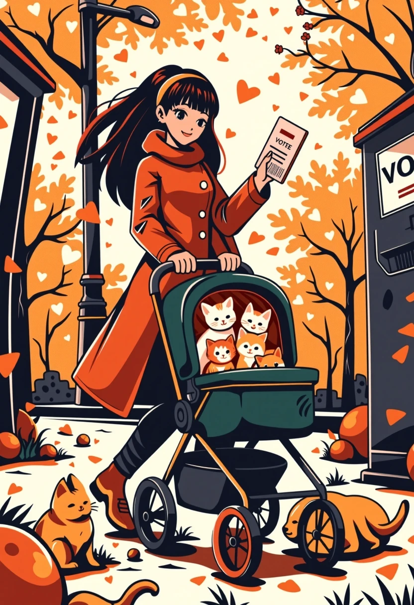 A anime-eyes illustration style of a woman pushing a pram with lots of kitten inside it - a childless cat lady. She should be (voting:1.6) and dropping her ballot into a drop box. There should be lots of orange and browns.