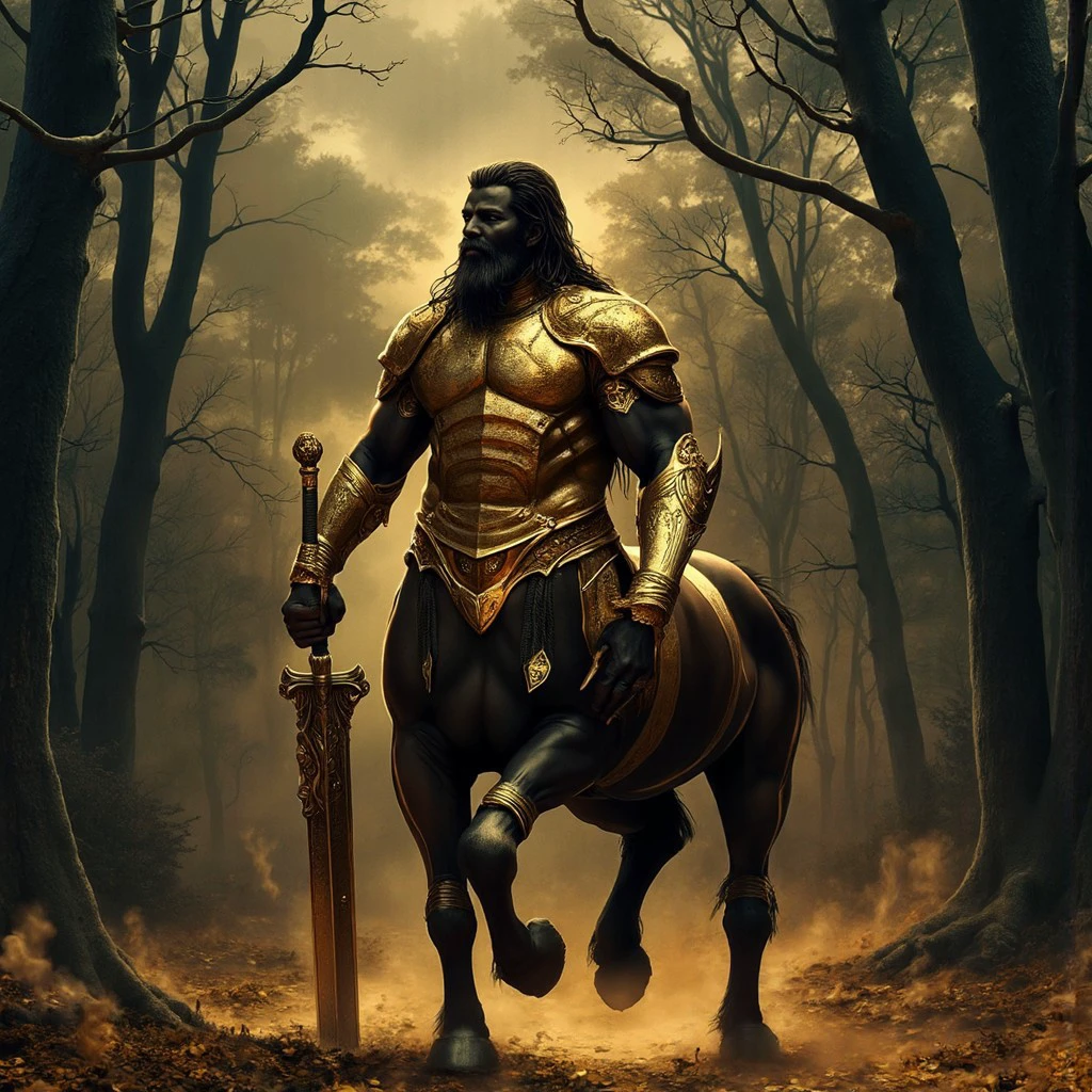 ctr, a photorealistic 8k UHD nature photograph of a centaur in the forest. The centaur is wearing golden armor, and his holding a golden sword. The photograph has the film grain of a cinematic 1970s film camera.