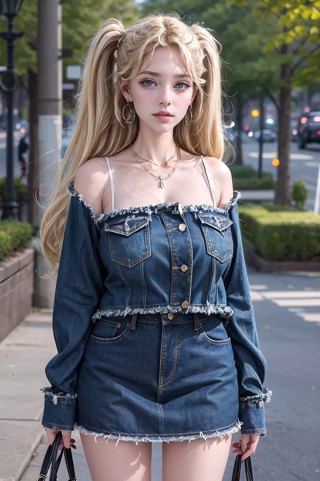 (masterpiece, best quality:1.2),illustration,8k,hd,1 girl,very long hair,solo,(collarbone:1.2),looking at viewer,twintails,(blonde hair:1.2),
Common,denim jacket,jewelry,denim skirt,denim,earrings,blue jacket,blue skirt,big breasts,sleeves past wrists,long sleeves,white shirt,necklace,outdoors,day,lake,extremely detailed dress,crystalstexture skin,front view,