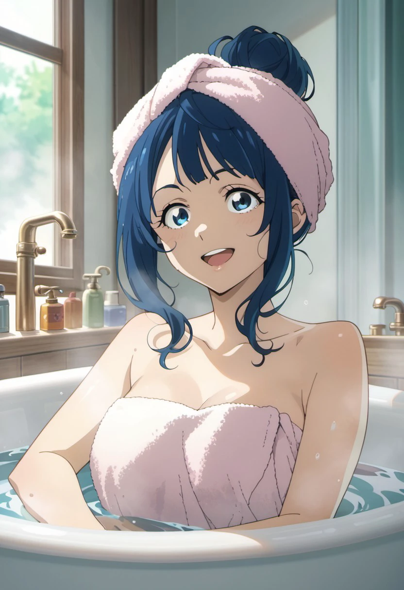 score_9, score_8_up, score_7_up, source_anime,yanami anna, blue hair, blue eyes, 1girl, solo, open mouth, bath, bathtub, towel, hair bun, bathing, smile, water, towel on head