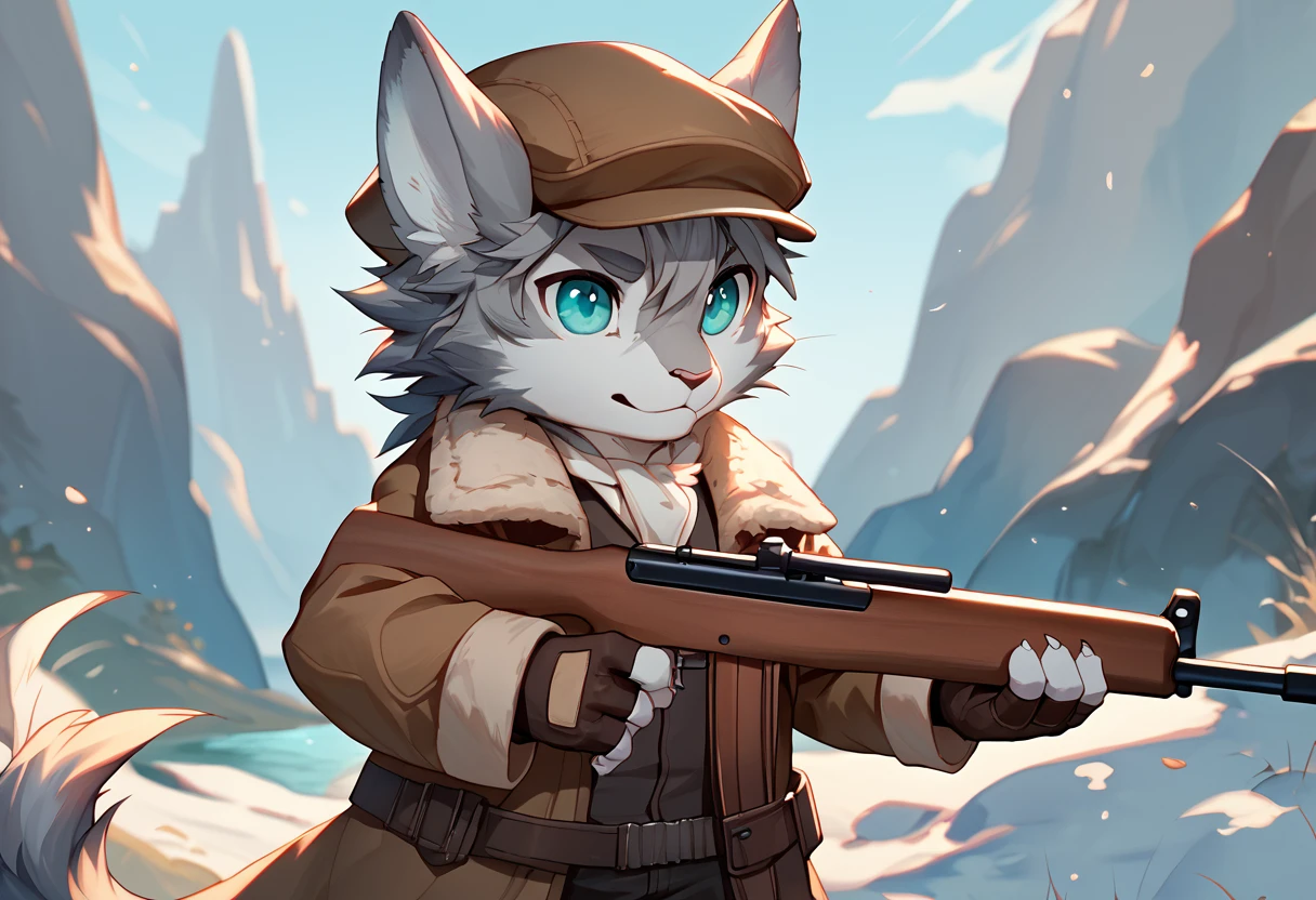 score_9, score_8_up, score_7_up, high quality, hires, 4K, solo, patxi, f4te_gr4nd_0rder, male focus, furry, turquoise eyes, grey fur, animal ears, tail, hat, coat, fingerless gloves, cute, chibi, weapon, rifle, <lora:Patxi_Fate_Grand_Order:1>