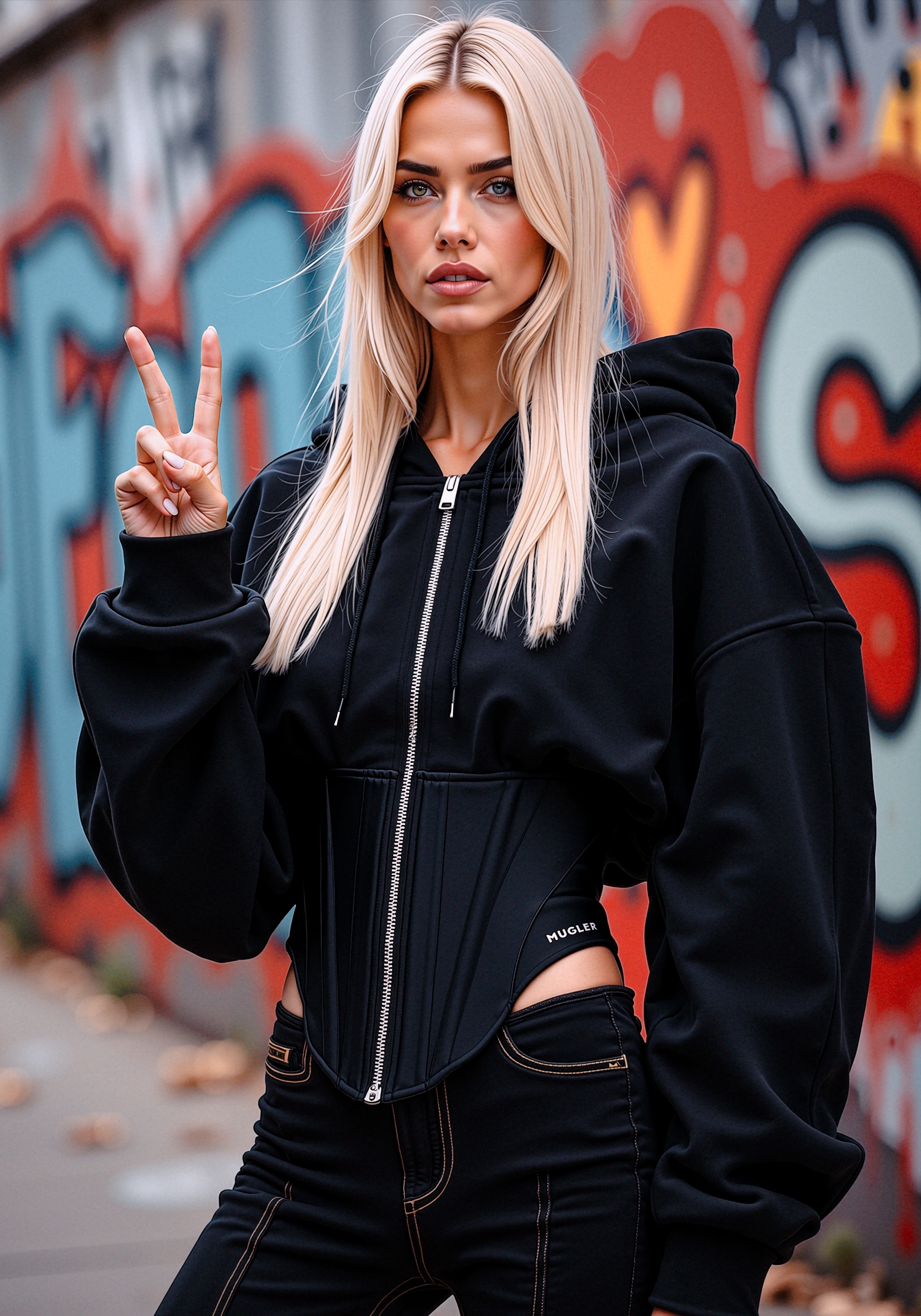 (extremely detailed 8k wallpaper), cinematic, fashion editorial, 
A blonde model wearing a black hoodie jacket with a corset design,prominent brand logo "MUGLER." , is posing confidently in front of a gritty urban graffiti background. The model’s long, straight blonde hair contrasts with the edgy black outfit, which features a zip-up front and fitted corset around the waist. The urban setting is filled with vibrant street art, graffiti tags, and a weathered, industrial feel. The model stands out with a relaxed pose, perhaps making a peace sign with her fingers, while the chaotic and colorful graffiti wall behind her adds a sense of boldness and street style to the scene.