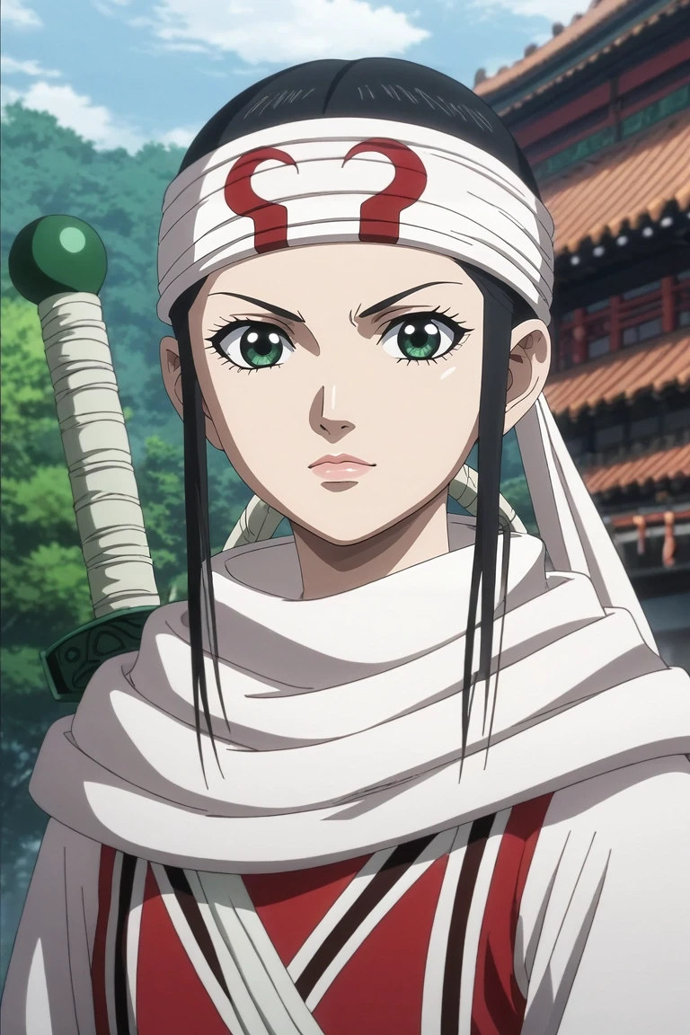 score_9, score_8_up, score_7_up, source_anime, rating_safe, intricate details, anime screencap, anime coloring, , looking at viewer, , 1girl, solo, <lora:qiang_lei_pony:0.9>, qiang_lei, black hair, green eyes, long hair, , headband, sword, , , maxi dress, raccoon fur hat, <lora:sdxl_lightning_8step_lora:1>