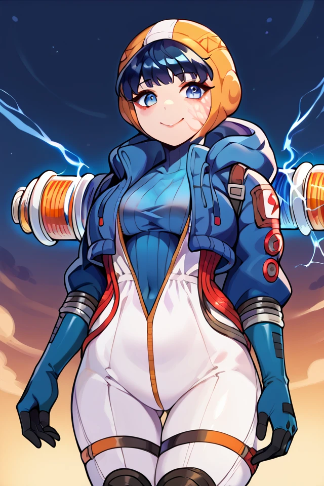 score_9, score_8_up, score_7_up, wattson (apex legends), 16k, masterpiece, absurdes, highly detailed, highres, high quality, best quality, 1girl, solo, hooded bodysuit, bodysuit, hood, scar, jacket, scar on face, scar on cheek, bangs, gloves, knee pads, hooded jacket, ribbed bodysuit, thigh strap, burn scar, looking at viewer, looking at you, cable, standing, cowboy shot, sexy, erotic, seductive smile, electricity, (close-up), upper body, outdoors, front view, two-tone hair, dark blue hair, (bag under eyes), goth girl gothic girl, revealing clothes, night background, <lora:WattsonApexLegendsPonyXL-10:1>