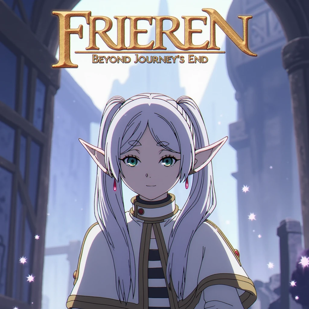 Create a manga-style promotional ad featuring frieren, 1girl. Frieren  is standing at the forefront, taking up most of the image. Her expression is happy with a slight glow around her body, indicating her magical nature. Her outfit, detailed with gold trim, reflects a soft light. In the background, there are blurred mystical ruins, and magical particles are floating around her. .  'FRIEREN: Beyond Journey's End' should be displayed at the top in bold, stylized font, with an aura of mystery and magic around the title.